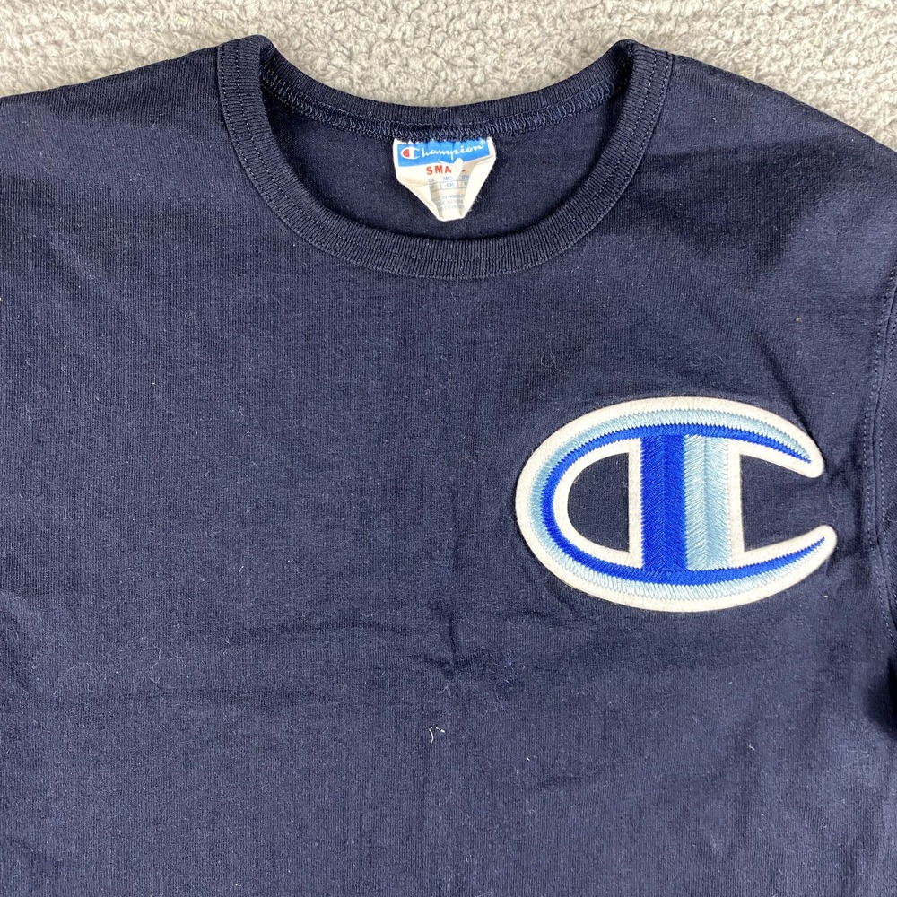 VINTAGE Champion T Shirt Mens Small Navy Embroidered Big‎ Logo Y2K 90s Skater